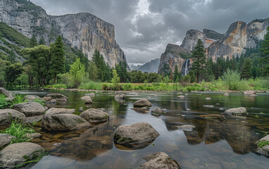 Big rocks in a lake, Beautiful mountain view. Created with Ai