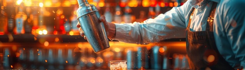 A bartender shaking a cocktail shaker, focus on, drink preparation theme, realistic, blend mode, trendy bar backdrop