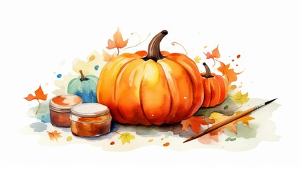 A cute water color of pumpkin decorating, with glitter and paint, in an arts and crafts room, filled with creative kids, Clipart isolated on white