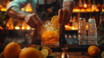 A bartender showing cocktail recipes, close up, educational moment theme, realistic, overlay, bartending school backdrop