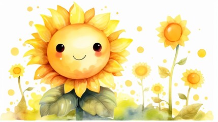 A kawaii water color of a sunflower, with a cheerful face, turning towards the sun, in a vast sunflower field, Clipart isolated on white