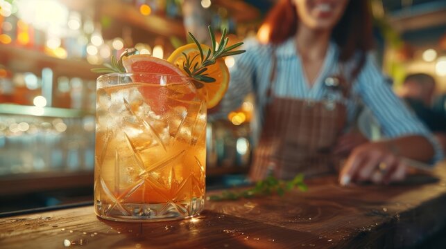 A bartender showing cocktail recipes, close up, educational moment theme, realistic, overlay, bartending school backdrop