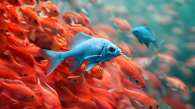 there is a school of fish with red fish, a single blue fish swims behind it