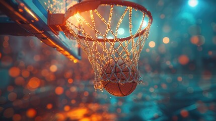 A basketball going through the net of an indoor basket ball hoop.