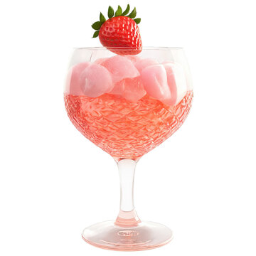 Frose pink slushy rose wine swirled in stemmed glass strawberry garnish isolated on transparent Food