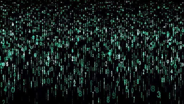Green digital background with cascading binary code, Arabic numerals for the data technology of the future,  Numbers spread upwards and then fall Abstract background