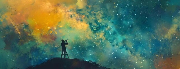 A man is looking through a telescope at a beautiful nebula in the night sky