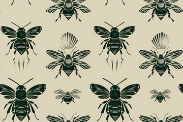 Seamless vintage bee pattern on light background 