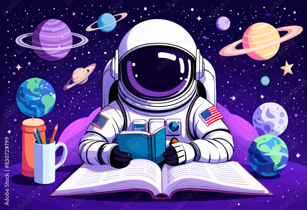 Wall mural an astronaut reading a book in the space