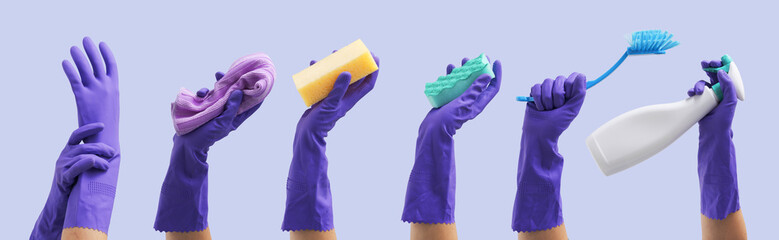 Collection of female hands holding cleaning supplies