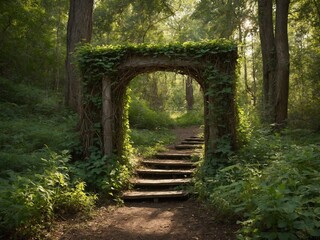Wooden archway, blanketed with thick layer of green ivy, marks beginning of forest path. This path, made up of earthen steps, ascends into distance, disappearing under cover of lush canopy overhead.