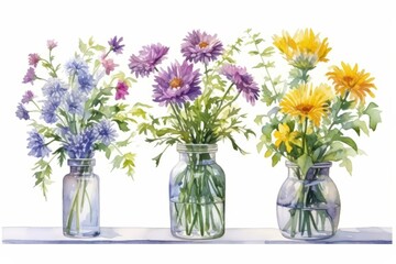 Set of water color of a flower vase, with a fresh arrangement, sitting on a sunny windowsill, Clipart isolated on white