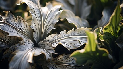 Detailed shot of the deeply lobed leaves of an acanthus, their classical beauty inspiring architectural elements, highlighted in sunlight.