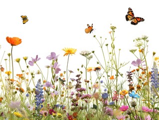 A meadow filled with a variety of wildflowers, with butterflies and bees buzzing around