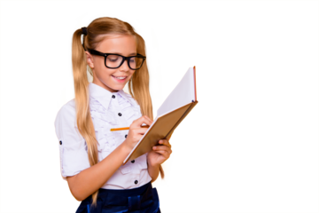 Literature learn academic idea teen concept. Side profile close up view photo portrait of pretty sweet lovely adorable little girl doing home work holding notebook in hands isolated bright background