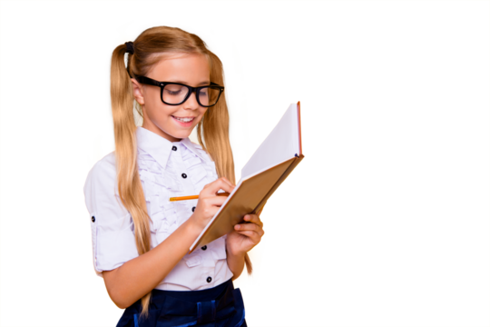 Literature learn academic idea teen concept. Side profile close up view photo portrait of pretty sweet lovely adorable little girl doing home work holding notebook in hands isolated bright background - Powered by Adobe