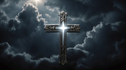 glowing silver cross on dark background with clouds