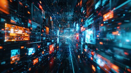 Obraz premium Digital wall of screens showcasing IT infrastructure, software code, and network data creating a vibrant technological display. Generative Ai