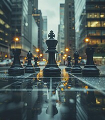 Chess game in an urban setting, street-level shot with city backdrop, modern minimalist style.
