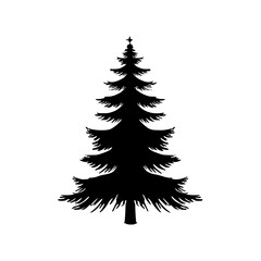 Obraz premium Silhouette of Pine Tree, Black and white silhouette of a pine tree with layered branches, showcasing its symmetrical and elegant shape.