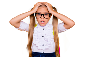 Omg! Summer holidays are finished! It's catastrophe! Dog ate my hometask! Close up portrait of sad upset terrified girl holding touching head with hands looking at camera isolated bright background