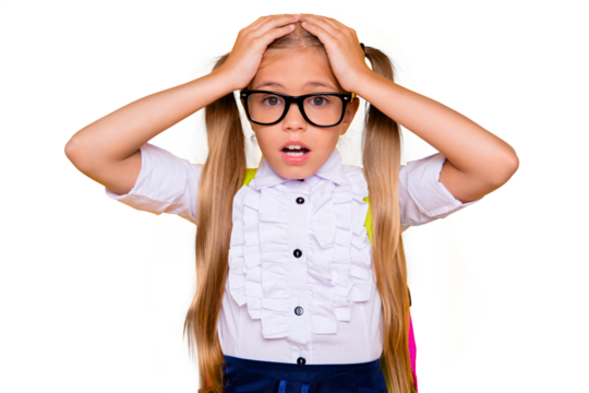 Omg! Summer holidays are finished! It's catastrophe! Dog ate my hometask! Close up portrait of sad upset terrified girl holding touching head with hands looking at camera isolated bright background