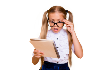 Blonde hair confused facial expression concept. Close up photo portrait of puzzled thoughtful with open mouth little schoolchild adjusting glasses staring at text in copybook isolated background