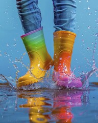 Picture of colorful rain boots splashing water, action shot with vibrant colors, and a touch of minimalistic style.