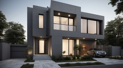 gray low budget modern minimalist concept house facade front view