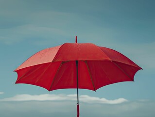 Emergency fund under a big red umbrella, minimal style, clear sky, focusing on protection and security, striking visual contrast between red umbrella and background.