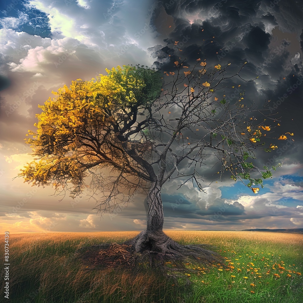 Canvas Prints a tree with one half dead and the other side full of life