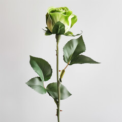 Green rose with stem and leaves, against a white background