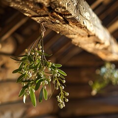 Fototapeta premium Cranberries Dangling from a Wooden Ceiling Beam