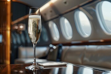 An exclusive editorial photo of a champagne glasses focused on a private jet