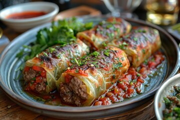 Kohlrouladen - Cabbage rolls stuffed with ground meat and rice, served with tomato sauce.