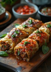 Kohlrouladen - Cabbage rolls stuffed with ground meat and rice, served with tomato sauce.
