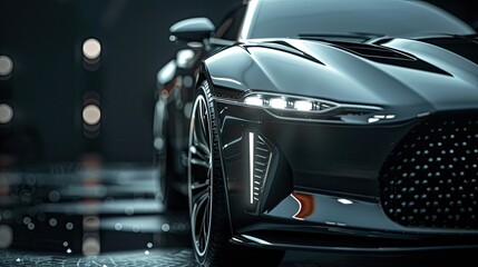 Expensive luxury car parked on black background Modern elegant design and front details of modern vehicles