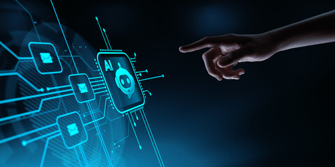 AI Chatbot and Artificial Intelligence Chat Concept. Hand Pressing an Icon on a Virtual Screen