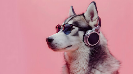 Siberian husky dog wearing sunglasses and headphone on pastel background. creative concept