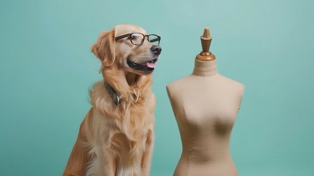 Golden retriever dog wearing glasses with Fitting mannequin on pastel background. creative concept