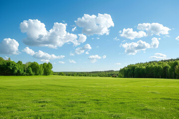 Obraz premium Serene Spring Landscape with Lush Green Field and Fluffy White Clouds