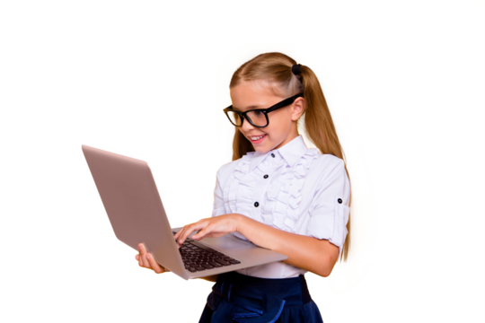 E-studying concept. Side profile close up photo portrait of cute lovely intelligent nice schoolkid watching video skype holding netbook ind hand doing homework isolated background