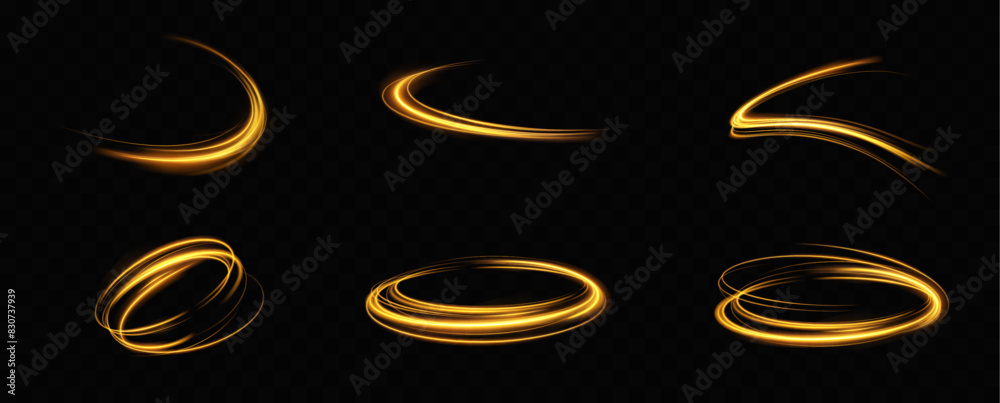 Fototapete Golden glowing swirl. The effect of moving at the speed of light. Easy trail. Shiny wavy path. Vector.Neon light.