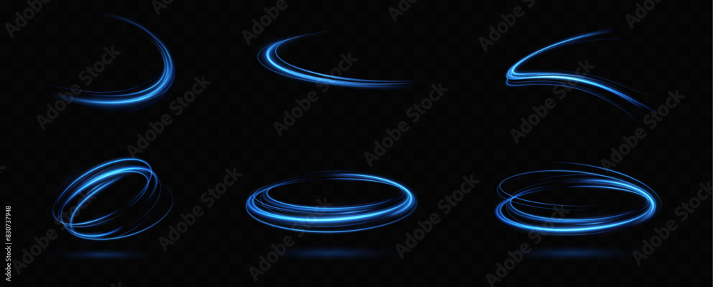 Poster Abstract light lines of speed movement, blue colors.Neon glowing curves.Abstract motion.Neon lines of blue speed. Dynamic traces.