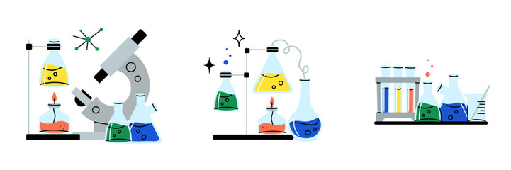 Laboratory equipment. Lab glassware. Chemical reagents in glass bottles and rest tubes and flasks. Medical scientific research tools. Doodle drawing. Vector cartoon flat style isolated illustration