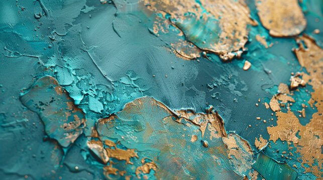 Rich turquoise and muted gold in a macro shot of a painting, highlighting texture with oil and acrylic,