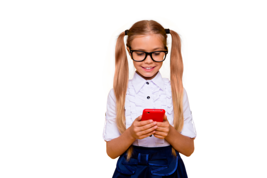 Break rest relax leisure addiction user schoolkid lifestyle fun joy hobby concept. Close up photo portrait of cute clever lovely dreamy adorable girl holding cell in hands isolated bright background