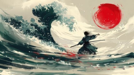 A Japanese warrior in traditional clothing brandishes a sword while confronting the ocean. The dramatic scene is enhanced by a towering wave and a red circle symbolizing the rising sun, making it vers