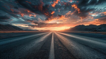 Sunset scenery of asphalt highway road with mountains and cloudy sky