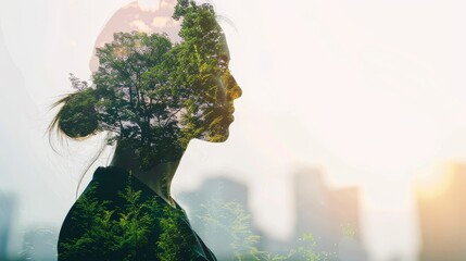 young professional close up, focus on, copy space, modern clean look, Double exposure silhouette with eco-friendly symbols